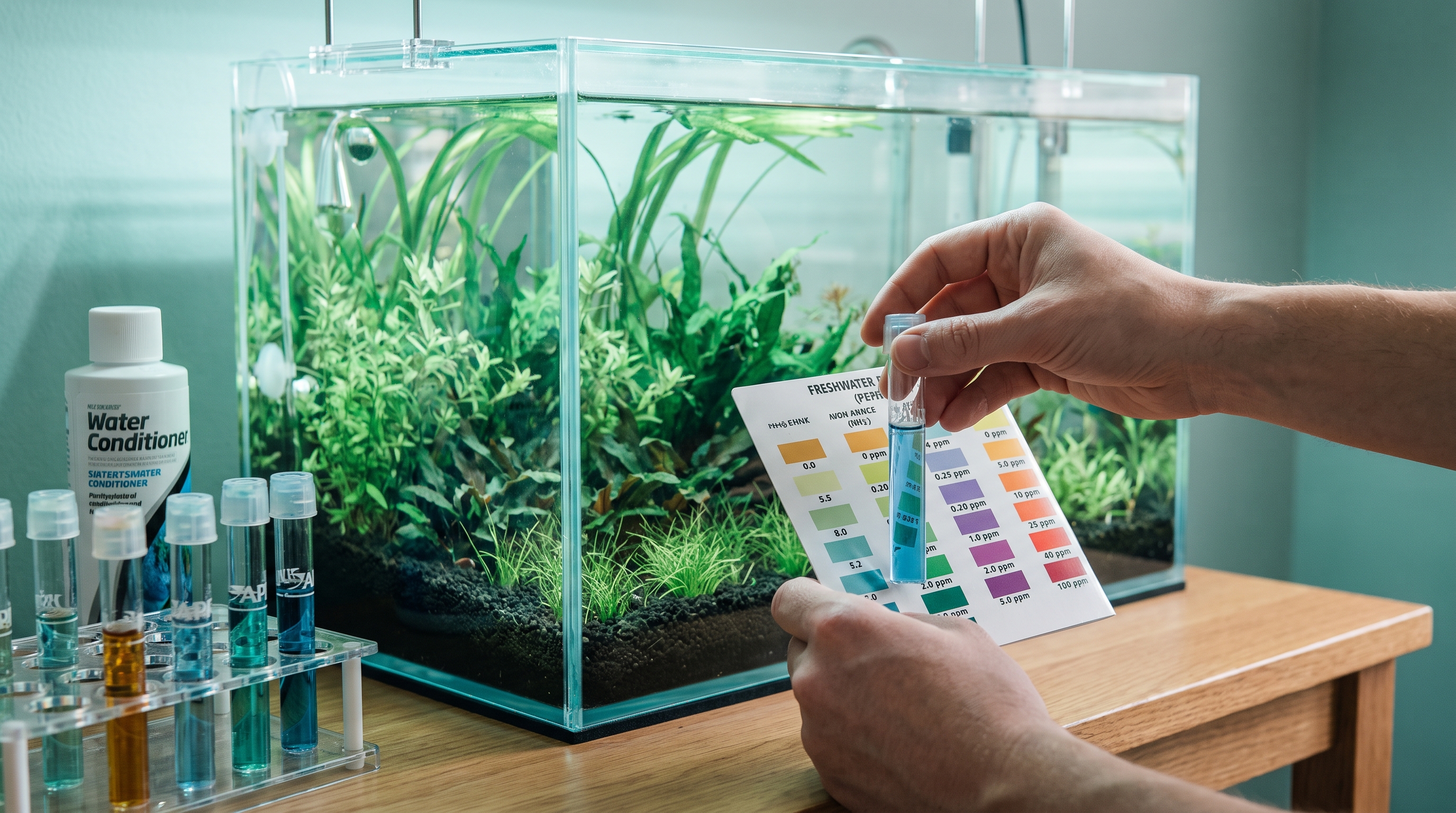 A freshwater aquarium mid-cycle with a liquid test kit and filter running, illustrating how to cycle a tank before adding fish