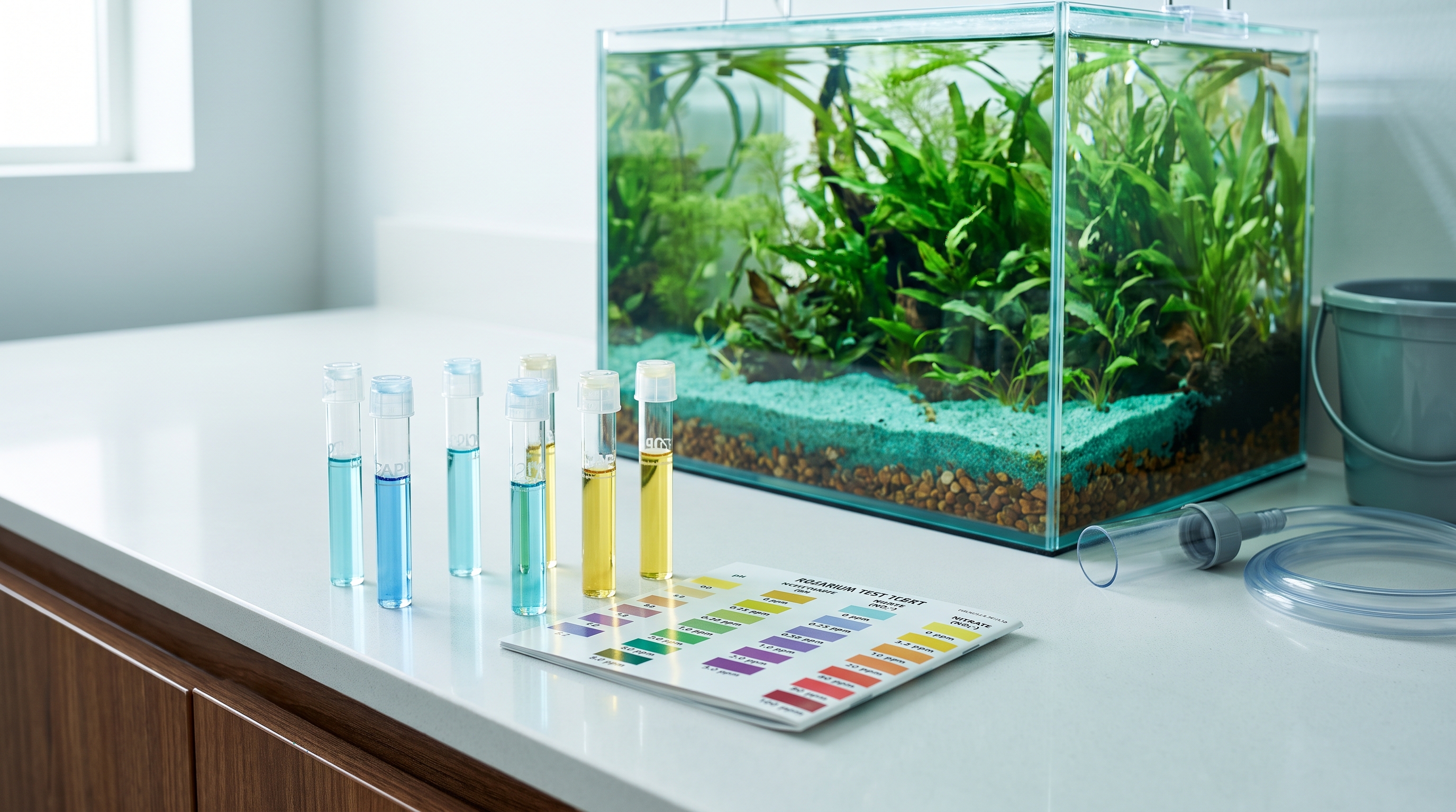 Aquarium test kit showing a nitrate reading next to a planted freshwater tank